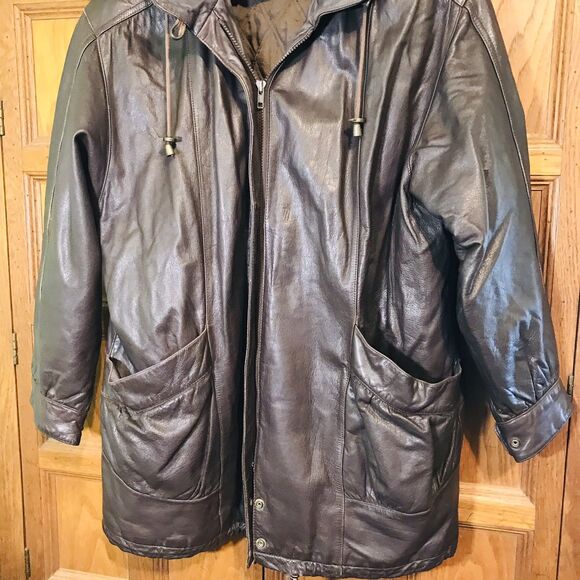 Vintage 90s Jacqueline Ferrar Soft Leather Coat Women's Large Brown Hooded Zip - Picture 4 of 13